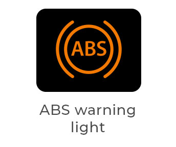 Amber ABS warning light, indicating a fault in the anti-lock braking system. Normal brakes should still work, but wheels may lock under hard braking.