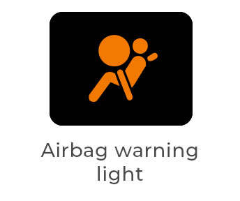 Amber airbag warning light showing a seated passenger with an inflated airbag, indicating a fault that may stop airbags deploying in a crash.
