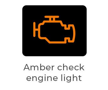 Solid amber check engine light, indicating the engine management system has detected a fault. Drive with caution and book a diagnostic check.