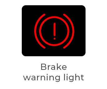 Red brake warning light with an exclamation mark inside a circle, indicating the handbrake is on, brake fluid is low or there's a brake system fault.