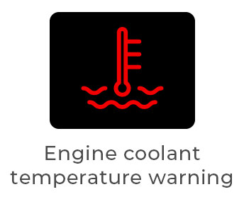 Red thermometer-in-liquid warning light, indicating the engine is overheating or coolant is low. Pull over and let the engine cool.