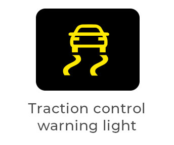 Yellow traction control warning light showing a car with skid marks, indicating the system is active on a slippery surface or has a fault.