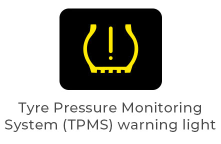 Yellow TPMS warning light showing a tyre cross-section with an exclamation mark, indicating low tyre pressure or a sensor fault.